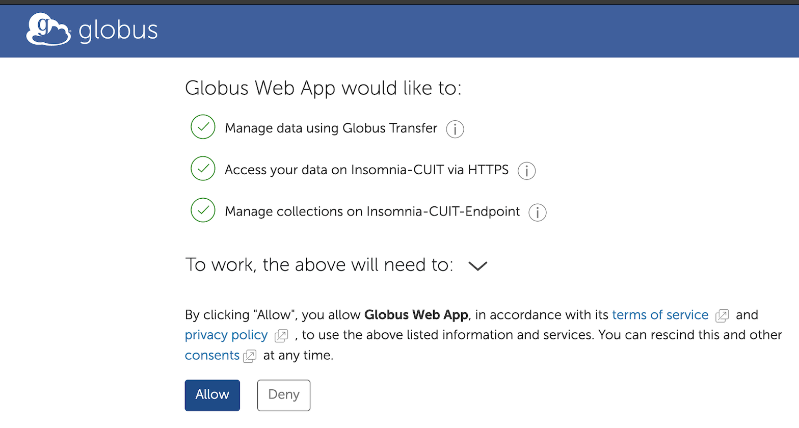 Globus Web App page asking for permission to connect to CUIT HPC cluster collection