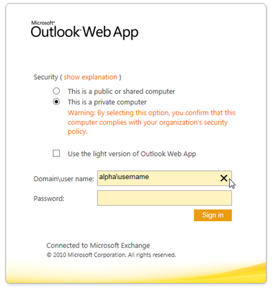 Image of OWA login screen with Domain\username filled in