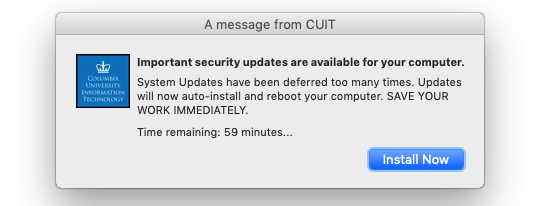 Notification that your updates will be auto-installed within 60 minutes
