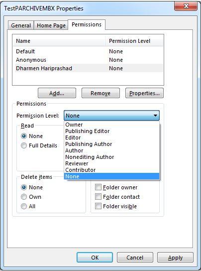 Image of Properties window, Permissions tab, with Permission Level drop down menu extended