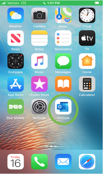 Screenshot of the iPhone home screen with the Outlook mail application circled.