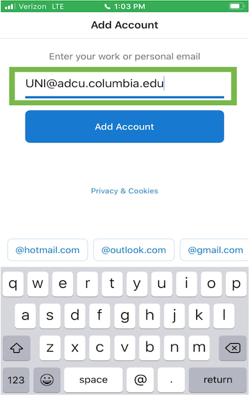 Screenshot of the "Add Account" page on the Outlook mail application. A Columbia ADCU email has been entered. 