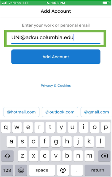 Screenshot of the "Add Account" page on the Outlook mail application. A Columbia ADCU email has been entered.