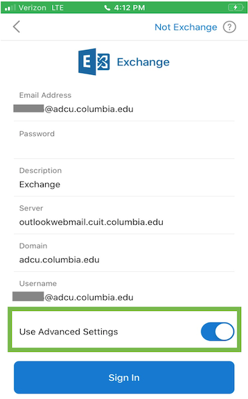 Screenshot of the Outlook mail application with Exchange email information entered. "Use Advanced Settings" has been selected at the bottom of the screen.