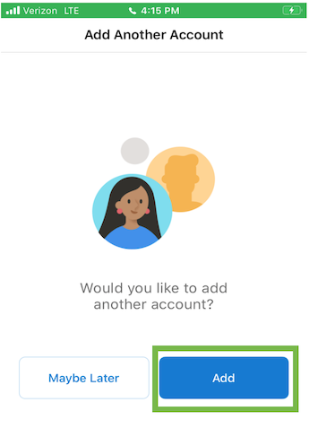 Screenshot of the Add Another Account page on the Outlook mail application. "Add" is selected.
