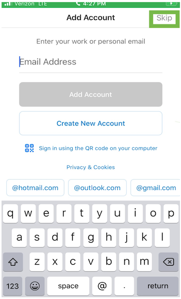 Screenshot of the Add Account page on the Outlook mail application. "Skip" is selected.