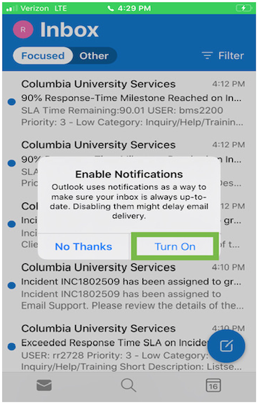 Screenshot of an Inbox on the Outlook mail application with an Enable Notifications pop-up. "Turn On" is selected.