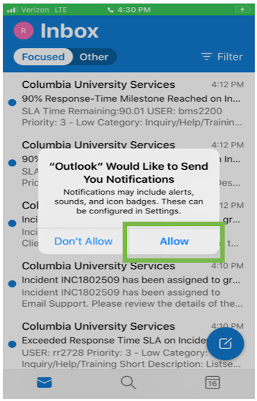 Screenshot of an Inbox on the Outlook mail application with a pop-up asking if Outlook can send you notifications. "Allow" is selected.