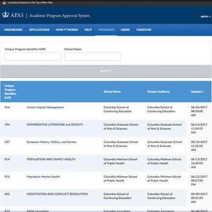 Academic Program Approval System (APAS) application screenshot Academic Program Approval System (APAS) application screenshot