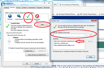 Adding ARC & Business Objects-InfoView as Trusted Sites