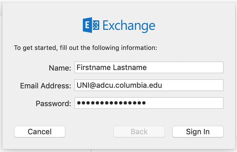 Fill in your full name, UNI@adcu.columbia.edu email address and your UNI password in the Exchange info box