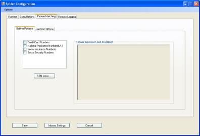 CUSpider screenshot of the Spider Configuration dialog box focusing on the Pattern Matching tab and the Built-in Patterns sub-tab