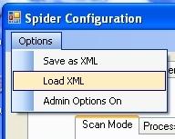 CUSpider screenshot of Spider Configuration dialog focused on the Load XML menu item in the Options pull-down menu