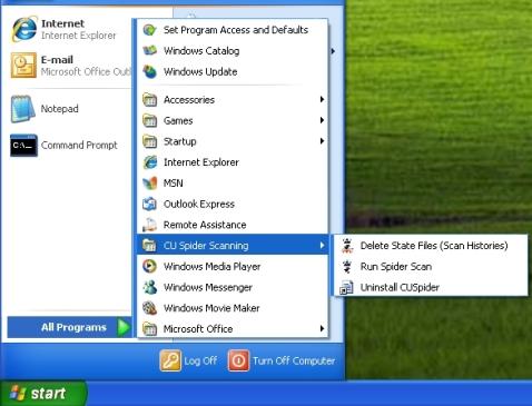 CUSpider screenshot displaying how to find the application in the Start Menu