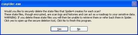 Screenshot of CUSpider dialog box asking whether the user would like to delete the Spider State files database