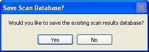 Screenshot of CUSpider dialog box asking whether the user would like the save the Scan Results database