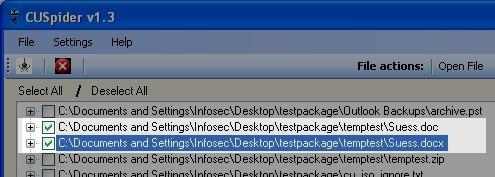 CUSpider screenshot highlighting checked results in tree view