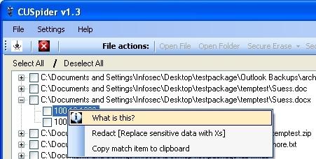 CUSpider screenshot highlighting the context menu that appears when a hit node is right-clicked
