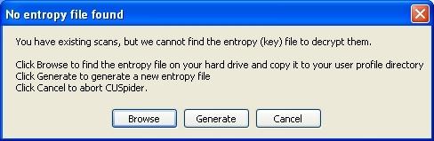 CUSpider Screenshot of Dialog Box Warning No Entropy File Found