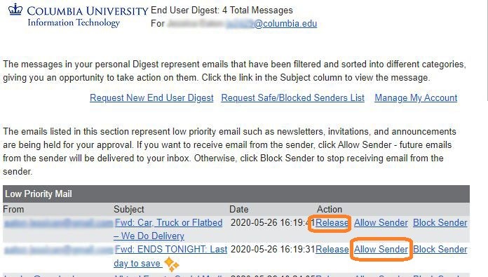Release and Allow Sender options in Email Digest Web App