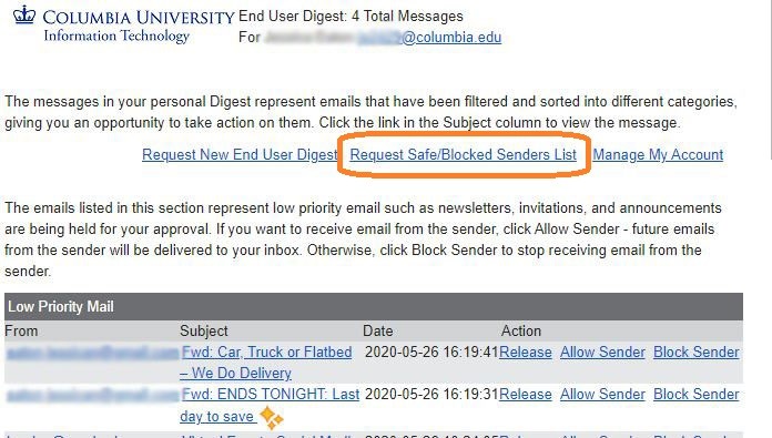 Request safe/blocked senders list in Daily Email Digest