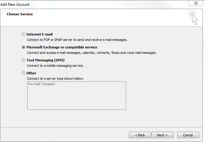 Add New Account Window, Microsoft Exchange or compatible service selected