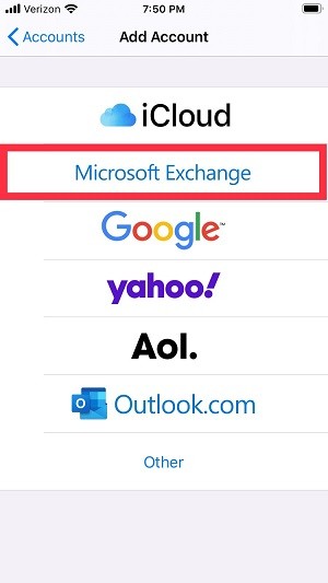 Add Account screen with Microsoft Exchange option circled (2nd from top)