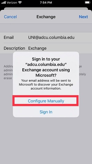 Exchange screen with "Sign in to your adcu.columbia.edu Exchange account using Microsoft?" pop-up and Configure Manually option circled