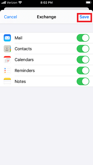 Exchange screen with syncing options listed and Save button in upper-right corner circled