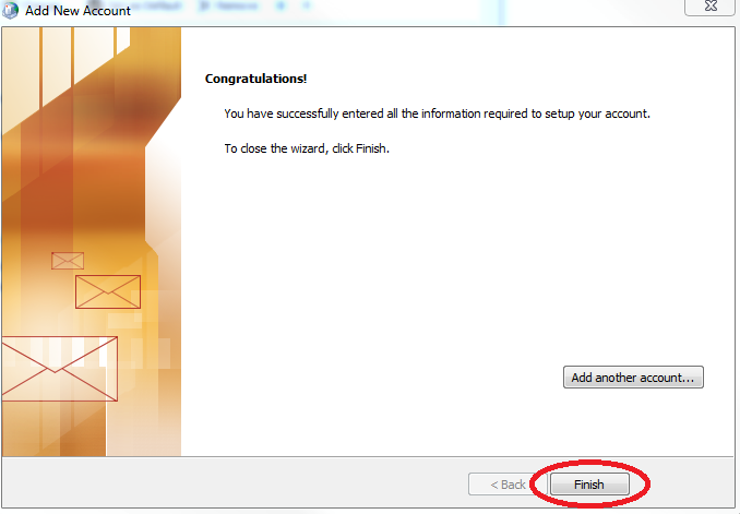 Add New Account window with Finish button circled