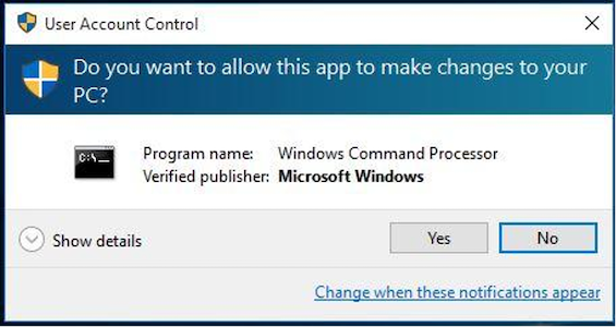 Image of a User Account Control window asking, "Do you want to allow this app to make changes to your PC?" with Yes and No buttons.