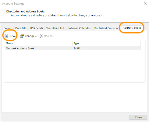 Image of Account Setting field with Address Books tab selected and circled in orange. New is also circled in orange.