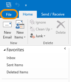 View of Outlook banner menu with File option circled in orange