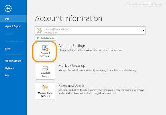 View of Outlook Account Information page with Account Settings icon circled