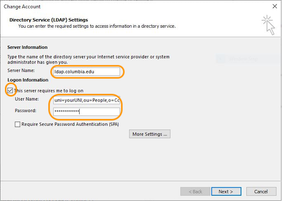 Change Account window with Directory Service (LDAP) Settings displayed. Orange circles surround ldap.columbia.edu as the Server Name, the checkbox in front of This server requires me to log on and the User Name and Password fields