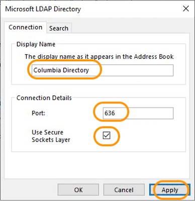 Connection tab of Microsoft LDAP Directory window. Columbia Directory is circled in the Display Name Field, 636 is circled in the Port field, the checkbox is circled for Use Secure Sockets Layer. Apply is circled.