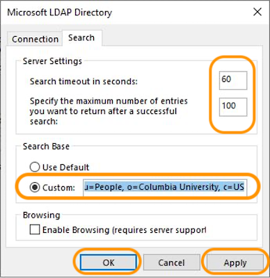 Search tab of Microsoft LDAP Directory window. Circles surround 60 in the Search timeout field, 100 in the maximum number of entries field, and ou=People,o=Columbia University,c=US in the Custom field. Apply and OK are also circled.