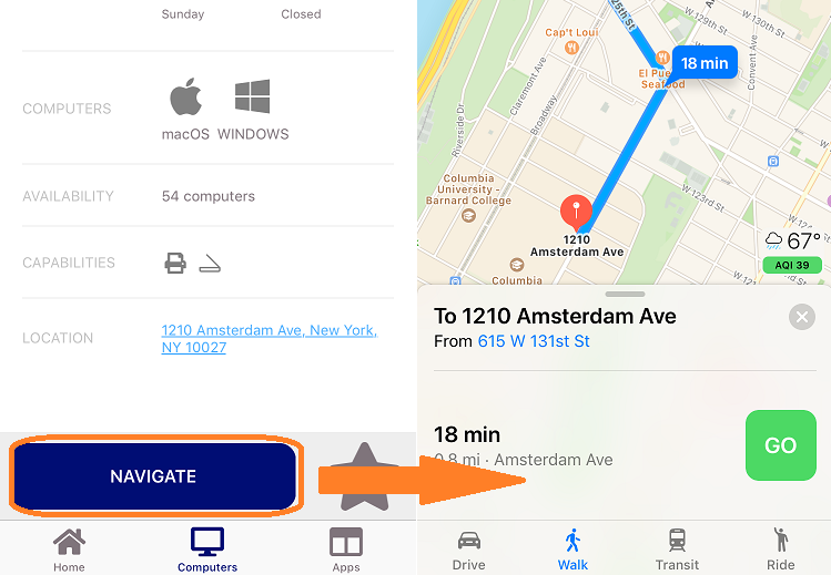 Once you select a lab, tap Navigate to open your map app to get there Once you select a lab, tap Navigate to open your map app to get there