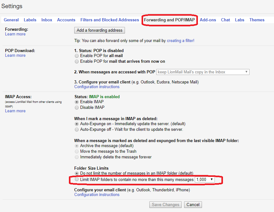 Navigate to the Forwarding and POP/IMAP section of the Settings in the Gmail web interface to limit IMAP folder size