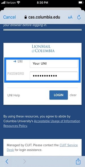 CAS login screen with UNI and Password fields circled.