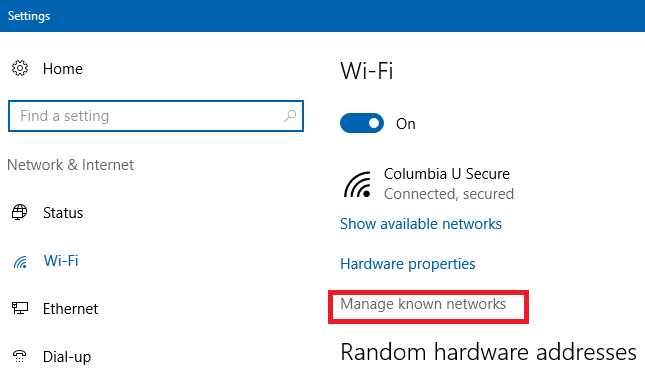 Manage known networks link is found in the list under the Wi-Fi heading.