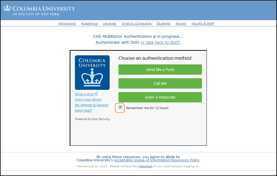 image shows: Duo authentication
