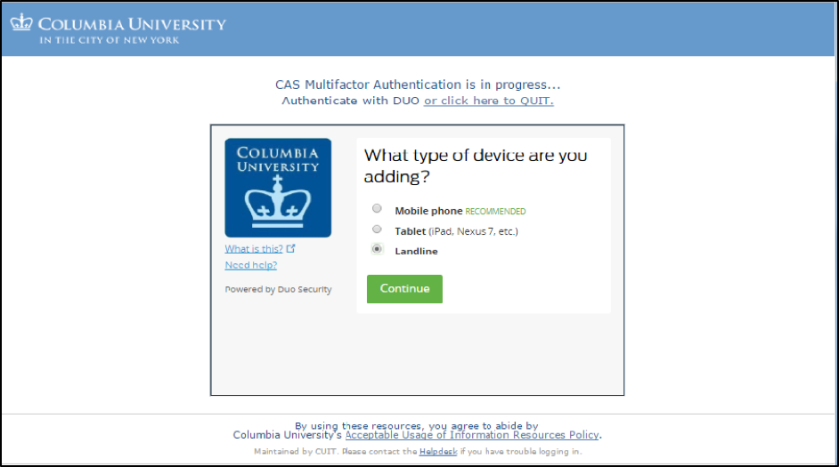 image: select the Landline radio button on the "What type of device are you adding?" screen