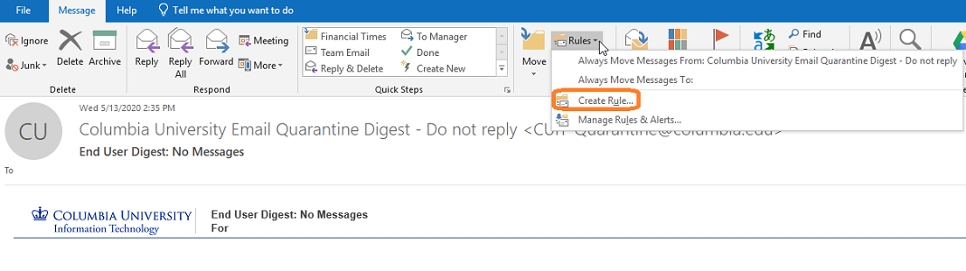 Select Rules, then Create Rule in upper right corner of Outlook