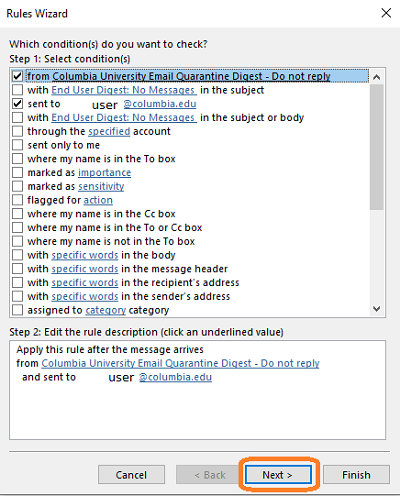 Select Next (this window recaps info you entered)