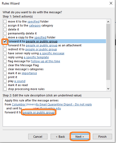 Check Forward it to people or public group, then select on people or public group in the lower portion of the window.
