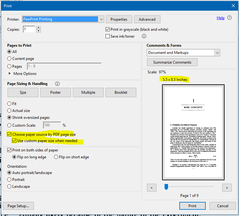 Print dialog window with Page Sizing and Handling section