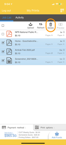 Launch the PharosPrint app. Select the document(s) that you don't want to print. Click on the Delete button.