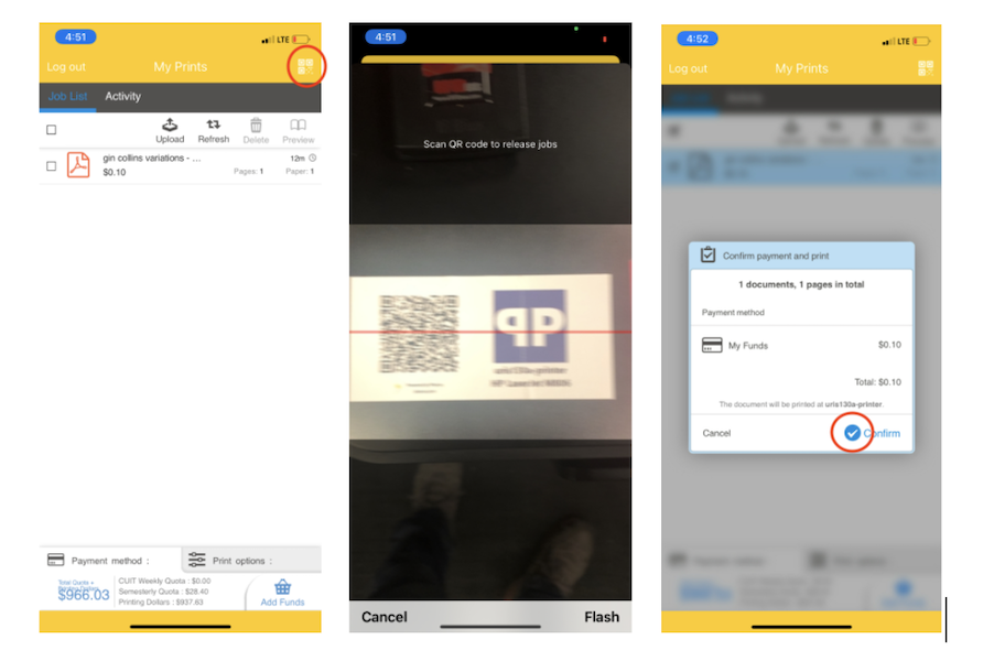 Open the PharosPrint app. Select the documents ("jobs") you want to release. If no selection is made, all jobs will be released. Tap on the QR icon on the top right corner of the screen. Scan the QR code affixed to the printer. Tap Confirm. The documents will be released Collect your documents at the printer connected to the PawPrint station.