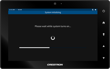 Touch panel displaying "System Initializing" screen: Black background with white text and progress bar "Please wait while system turns on"